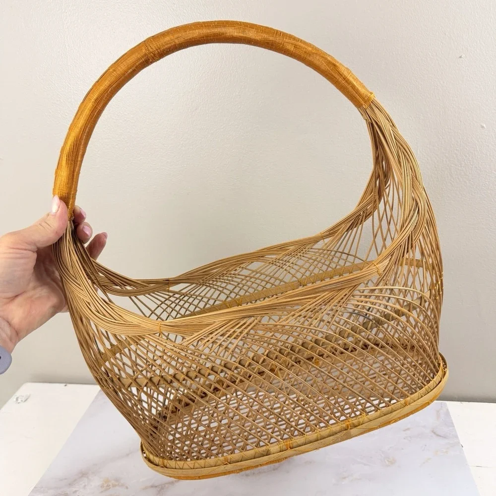 Vintage Japanese Bamboo Basket Open Weave Handle Wabi Sabi Boho Rustic Decor